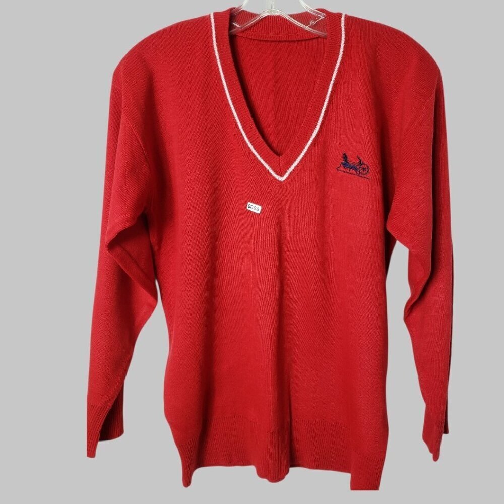 Kyungid Vtg Men Sweater Red W/Wht Trim & Embroidered Horse Carriage Logo Medium